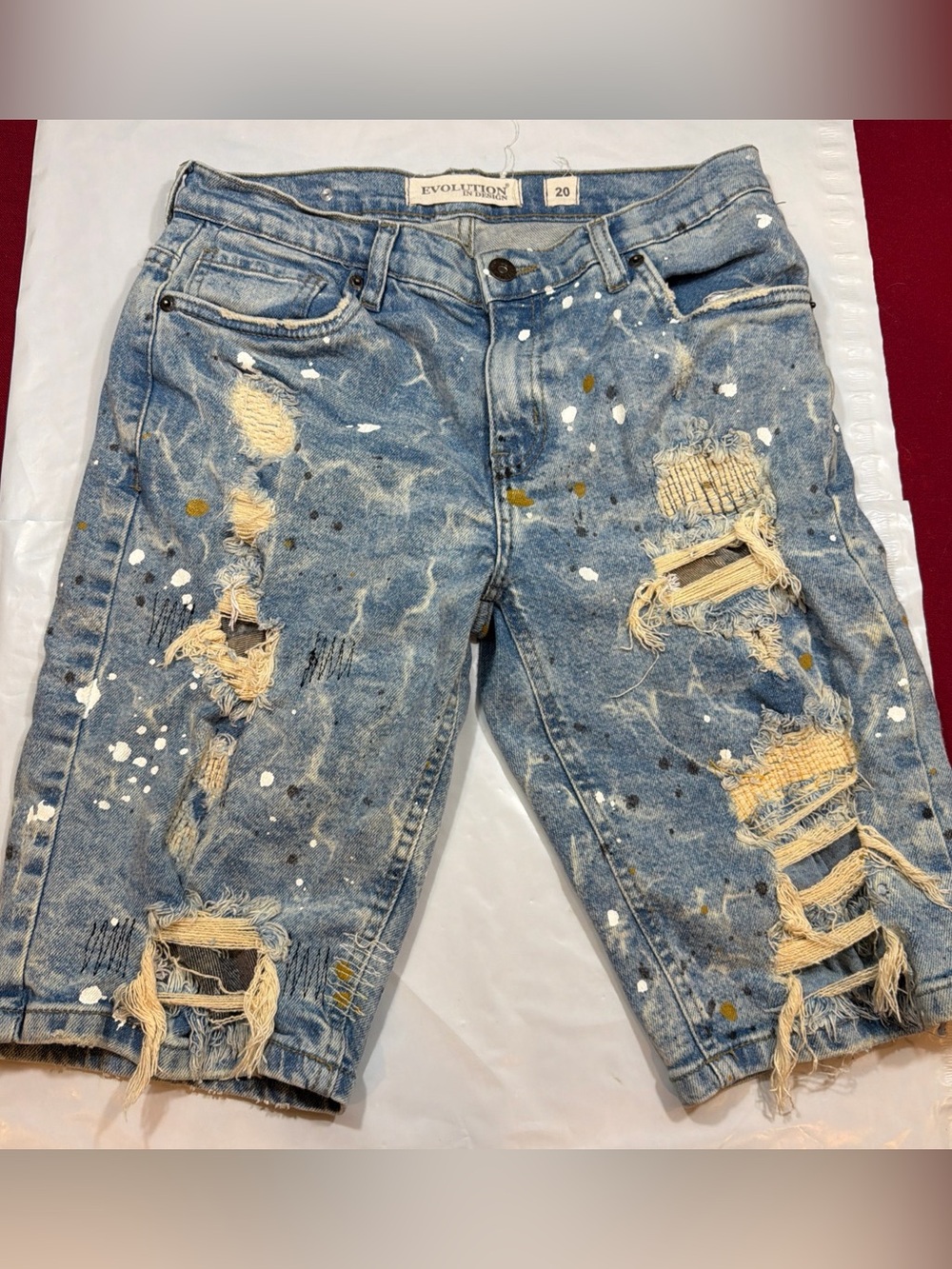 Evolution In Design Blue Jean shorts Rips Paint Splatter 30”waist Stretch Boy 20